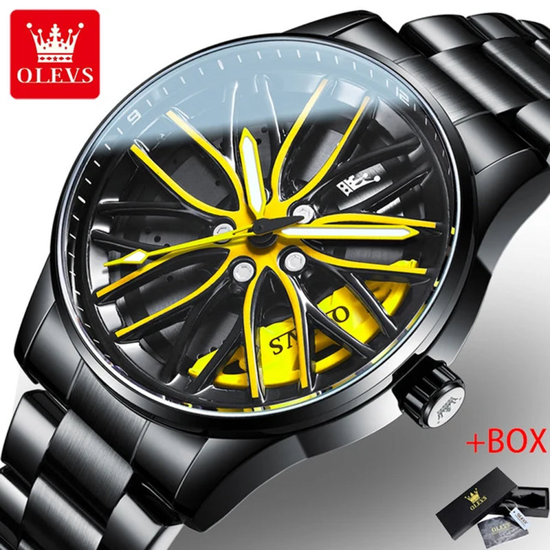 Rotation Rim Hub Sports Car Watch Men Watches Waterproof Stainless Steel Wheel Quartz Wristwatch Men with Luminous Hands