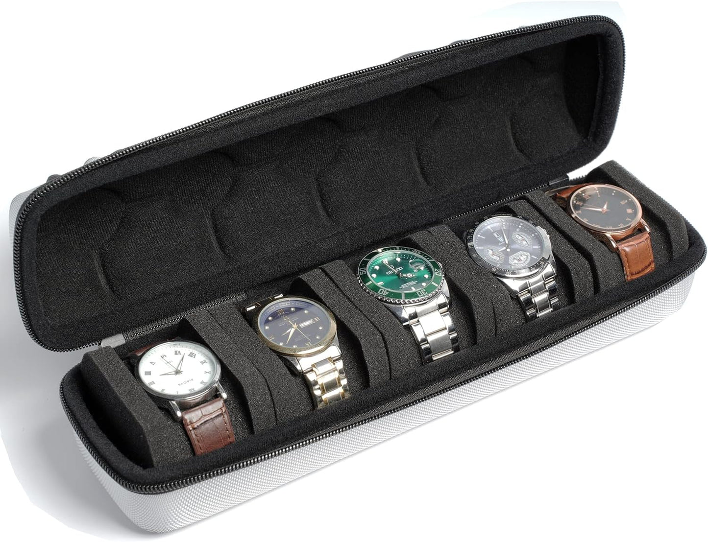 5 Slot Hard Watch Carry Case Organizer, Zipper Travel Case Storage and Organization for Men and Women, with Soft Compressible Watch Pillow (Cool Gray)
