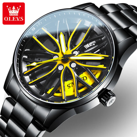 Rotation Rim Hub Sports Car Watch Men Watches Waterproof Stainless Steel Wheel Quartz Wristwatch Men with Luminous Hands